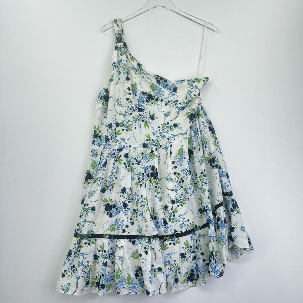 Free People Womens Floral One Shoulder Mini Dress White Blue Large